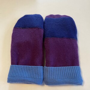 以下が含まれることがあります： 青、紫、水色のストライプのニットミトン2つ。ミトンはリブ編みのカフスが付いている。