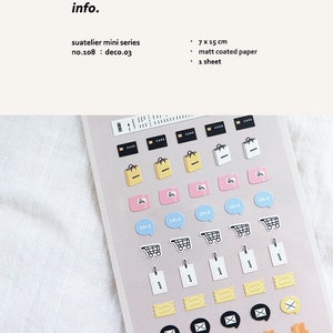 May include: A sheet of stickers with a variety of shopping-themed designs. The stickers are on a light gray background and include images of shopping bags, credit cards, sale signs, shopping carts, price tags, and envelopes. The text "CARD", "SALE", and "X" are visible on the stickers. The sheet measures 7 inches by 15 inches.