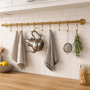 Massief messing pannenrek, hangend keukenrekje met haken aan de muur, opberger vintage boerderij kookgerei, aanpasbare rek voor gebruiksvoorwerpen