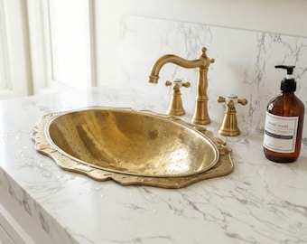Ornate Brass Drop-in Sink with Scalloped Rim, Antique Gold Vanity Bowl, Vintage Oval Bathroom Basin, French Country Lavatory