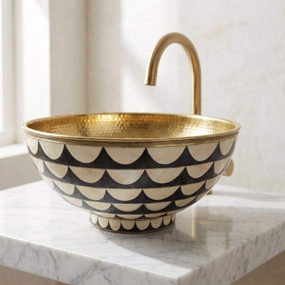 Bone Inlay Vessel Sink, Black and White Scallop Pattern Bowl, Round Artisan Washbasin, Handmade Boho Bathroom Vanity Decor