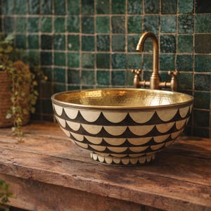 May include: A round vessel sink featuring a cream and black scalloped pattern on the exterior and a polished brass interior. The sink is paired with a brass faucet, positioned against a dark green square tile wall on a rustic wooden surface.