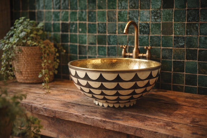May include: A round vessel sink featuring a cream and black scalloped pattern on the exterior and a polished brass interior. The sink is paired with a brass faucet, positioned against a dark green square tile wall on a rustic wooden surface.