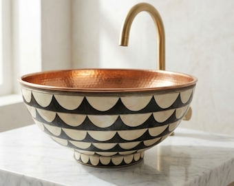 Bone Inlay Vessel Sink, Black and White Scallop Pattern Bowl, Round Artisan Washbasin, Hammered Copper Interior, Boho Vanity Decor