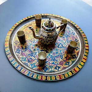 Handcrafted Moroccan Brass Tray, Teapot and Silver Cups With Colorful Bone Inlay – Exquisite Moroccan Artistry Cultural Heritage