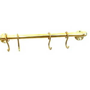 Antiek koperen keukenreling met S-haken, keukengerei voor wandmontage, massief messing pannenhanger, vintage boerderij pannen- en pottenhouder