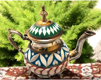 Handcrafted Silver Plated Moroccan Teapot: Bone Inlay Brass Berrad