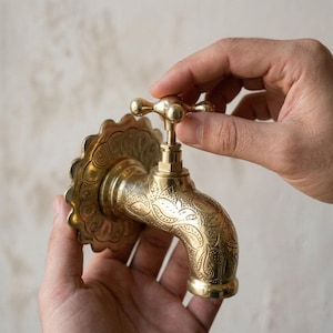 Engraved Brass Faucet, Ornate Single Tap with Cross Handle, Vintage Gold Bathroom Fixture, Moroccan Garden Spigot