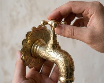 Engraved Brass Faucet, Ornate Single Tap with Cross Handle, Vintage Gold Bathroom Fixture, Moroccan Garden Spigot