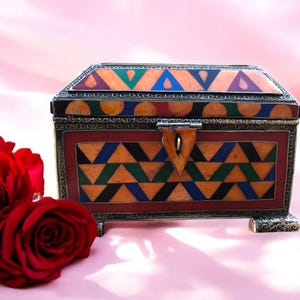 Moroccan Box Decorative Jewelry Inlaid with Bone and Brass, Rectangular Filigree Trinket, Jewelry box, Mother of Pearl Box, Gift Box N-1