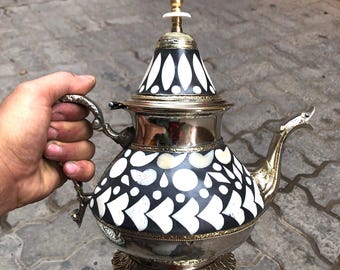 Handcrafted Moroccan Teapot: Silver Plated Brass with Bone Inlay