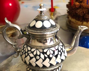 Moroccan Silver Plated Teapot: Brass Berrad with Bone Inlay