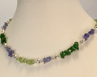 Gemstone Necklace/ Peridot, Tanzanite, Chromium Dioxide/ Sterling Silver