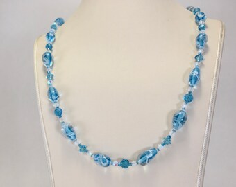 Necklace and Earrings/ Glass Lampwork Blue and White Beads/ Swarovski Crystal