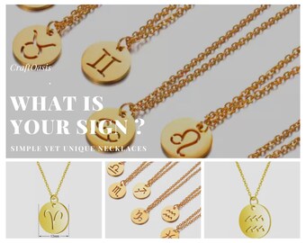 Zodiac Necklace Gold Stainless Steel Symbol Sign Handmade 12 Options Horoscope Astrological Pendant