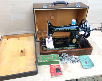 Vintage Singer 99, 99K hand crank sewing machine with instruction manual and Accessories