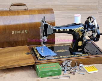 Vintage Singer 128K Hand Crank Sewing Machine with Rococo Decals