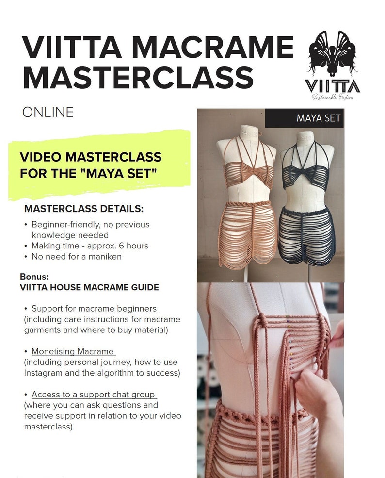 Macrame Online Masterclass Workshop for beginners. 
Make your festival fashion macrame skirt and top / brallette. Comes with a BONUS Macrame for Beginners Guide and access to a Support Chat Group.