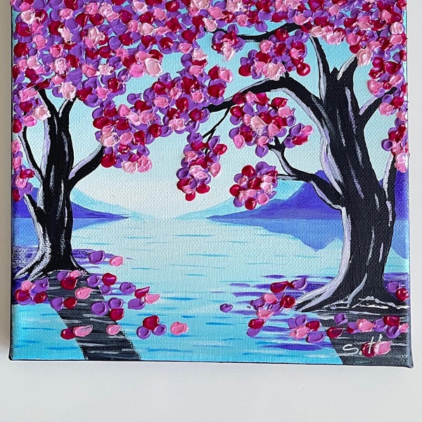 Printemps, peinture au couteau sur toile, arbres roses, tableau 3D, texture