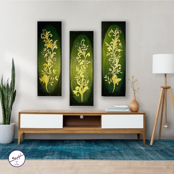 Triptyque - Tableau floral, plante dorée, Peinture, texturée, déco, cadeau, nature, vert, art, design, décoration mural, Art floral