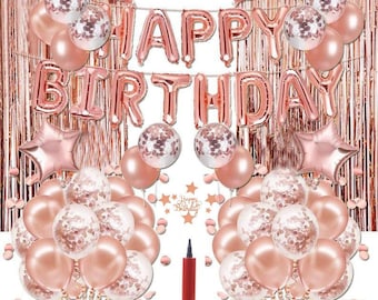Rosegold Geburtstag Dekorationen Set | 96 Stück | Latex Ballons & Vorhang | Gratis Topper und Pumpe