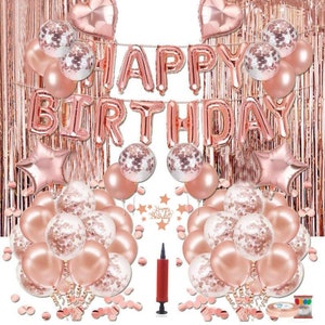 Rose Gold Birthday Decorations Set | 96 pcs | Latex Balloons & Curtain | Free Topper and pump
