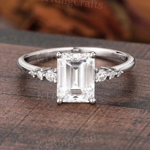 Emerald cut Moissanite Engagement Ring,Antique Moissanite Ring,White Gold Ring,Diamond Cluster Ring,Emerald Shape Ring,Unique Bridal Ring