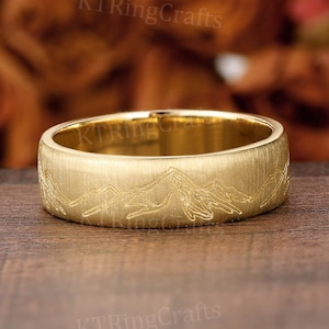 6mm Solid Gold Mountain Range ring Yellow Gold Men&#39;s Wedding band Mountain Wedding band 14k 18k Comfort Fit Engraved band Anniversary Gift