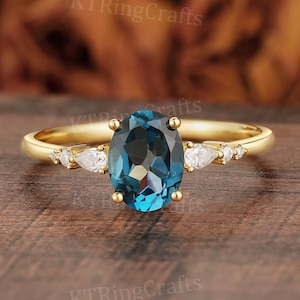 Vintage London Blautopas Ring für Frauen Gelbgold Blautopas Ring Oval Birthstone Ring Birne Diamant Ring Hochzeitsversprechen Ring