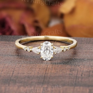 Petite 4x6mm Oval Moissanite Engagement ring,14K Yellow Gold Moissanite ring,Dainty Gold Ring,Diamond Cluster ring,Minimalist Promise ring