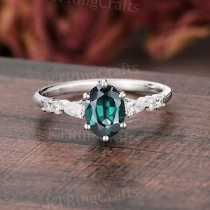 Unique Vintage Gold Engagement ring Blue Green Sapphire Oval cut ring White Gold Engagement ring Teal Sapphire ring Anniversary Gifts