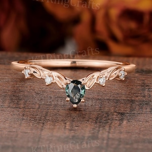 Pear Cut Teal Sapphire Leaf Wedding Band: Rose Gold Branch Ring