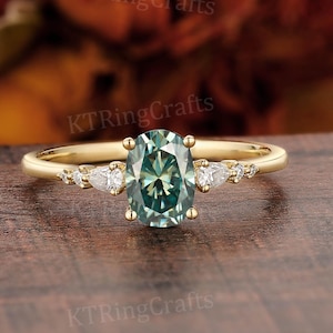 Green Moissanite Engagement Ring Dainty Green Moissanite Oval Ring Minimalist Engagement Ring Wedding Promise Ring 14K Gold Ring For Women