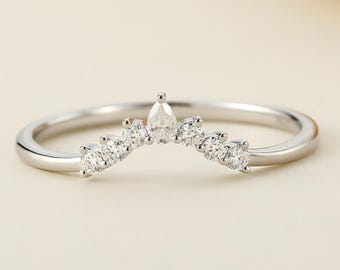 Curved Wedding Band, Moissanite Wedding Band, Pear Shaped Contour Ring, 14K White Gold Nesting Wedding Band, Tiara Band