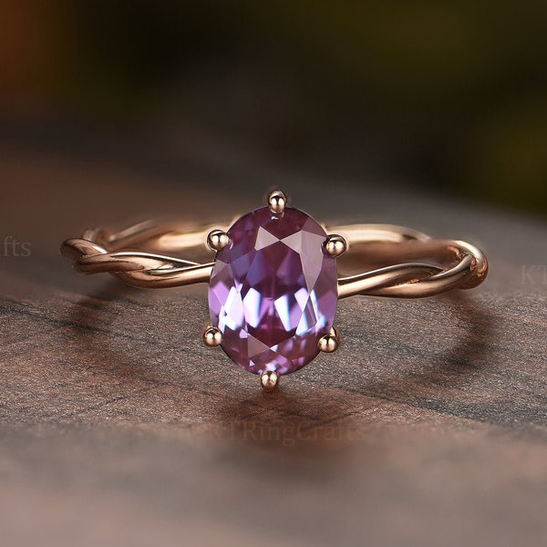 Vintage Oval Alexandrite engagement ring Twisted band Solitaire wedding ring Anniversary ring delicate ring rose gold unique art deco ring