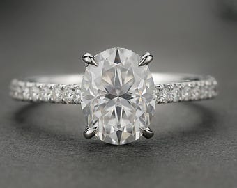 Oval Moissanite Engagement Ring, Solitaire Engagement Ring, 14K Gold Pavé Ring