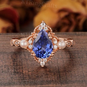 Vintage Pear cut Sapphire Engagement ring, Rose Gold Sapphire Floral Milgrain ring, Blue Gemstone ring, Pear Shaped ring, Anniversary ring