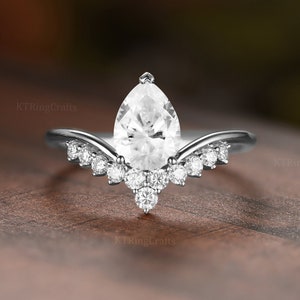 Vintage Moissanite Engagement Ring White Gold Ring Pear shaped moissanite Ring Art deco Moissanite wedding Ring Unique Anniversary Ring