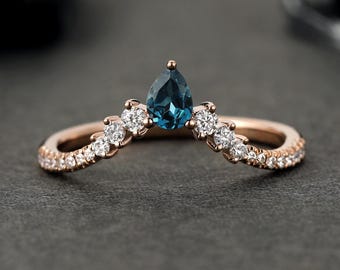 London Blue Topaz Wedding Band, Crown Wedding Band, Pear Cut Tiara Ring, Moissanite Band