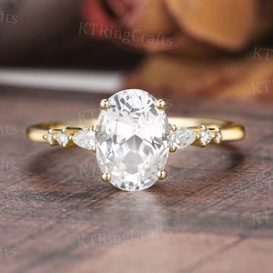 Oval White Sapphire Engagement ring,Vintage White Sapphire ring,Seven Stone ring,Solid Yellow Gold ring,Handmade Jewelry,Delicate ring