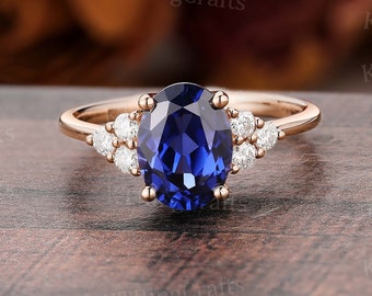 Vintage lab Sapphire Engagement Ring,Oval Blue Sapphire Wedding ring,Solid Rose Gold,Round Moissanite Cluster ring,Promise Anniversary Gift