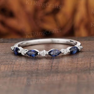 Vintage Sapphire and Moissanite Wedding band White Gold Marquise & Round Wedding ring Art Deco Stacking band Pinky ring Gift for Girlfriend