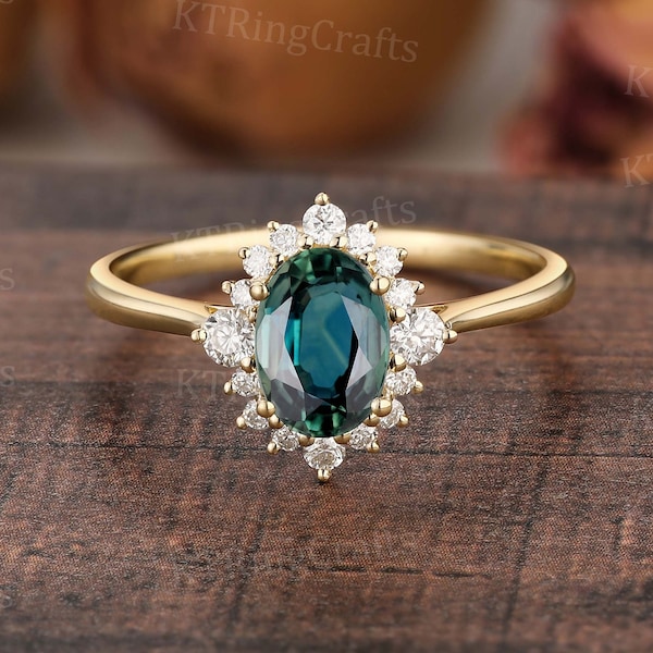 Blue Green Sapphire Engagement ring,Teal Sapphire Halo Ring,Oval Sapphire Ring,Floral Ring,Cluster Ring Yellow Gold,Handmade Jewelry