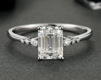 Emerald Engagement Ring, Emerald Cut Moissanite Ring, Seven Stone Ring, White Gold Engagement Ring, Minimalist Engagement Ring