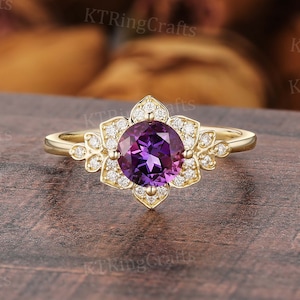 Vintage 14k Gold Amethyst ring Snowflake Halo Engagement ring Round Amethyst Diamond Ring Purple ring February Birthstone ring Gift for Her