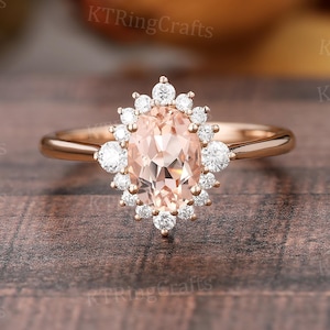 Unique Oval Morganite Engagement Ring,14k Rose Gold Morganite Halo Ring,Diamond Floral Ring,Delicate Ring,Wedding Jewelry for Brides