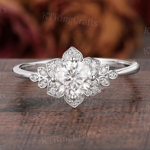 Antique Moissanite Flower Engagement ring,Round cut Moissanite ring,White Gold Diamond ring,Lotus Ring,Leaf Wedding ring,Birthday Gift Women