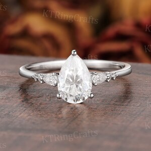Unique Pear Moissanite Engagement ring,Vintage Moissanite Matching ring,14k White Gold ring,Pear Diamond ring,Antique Jewelry,Promise ring