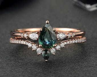 Teal Sapphire Bridal Set, Pear Engagement Ring, Curved Moissanite Wedding Band, Rose Gold Ring