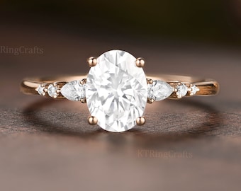 Bague de fiançailles en moissanite de coupe ovale, bague à superposer. Or rose 14 carats / 18 carats, bague vintage unique en forme de grappe de diamants poire, bague de mariage et de mariée